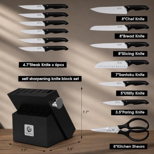 imarku 14-Piece Knife Set with Block and Built-In Sharpener, Black