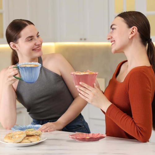 10 oz Tea Cups and Saucers, Ceramic Flower-shaped Cappuccino Cup, Latte Cup and Saucer set, elegant floral Espresso Cup set, Suitable for microwave and dishwasher-Green