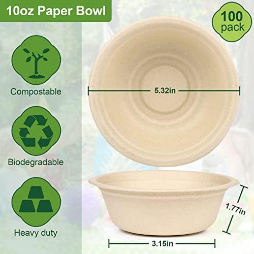 Small Paper Bowls 10 oz, 100 Pack 100% Compostable Biodegradable