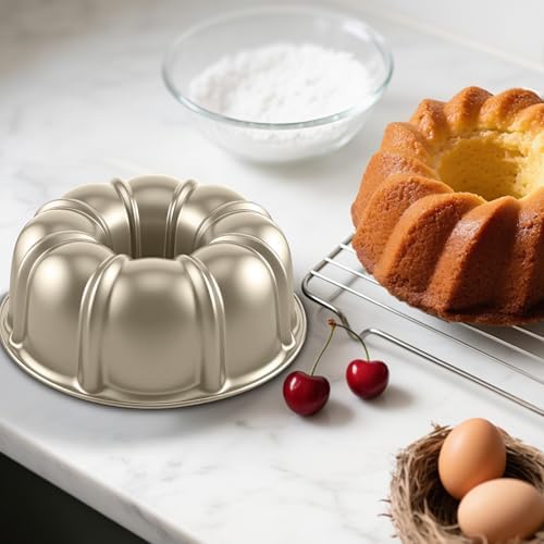 10 Inch Cake Pan, Nonstick Round Fluted Tube Cake Baking Pan, Buntz Pound Cake Mold,Tube Bakeware,Baking Mold for Jello/Gelatin/Chocoflan, Non Toxic, Easy Clean - Gold