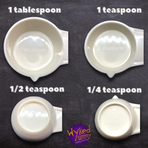 Wyked Yummy All in One Measuring Spoon for Dry & Liquid Ingredients for Preparing, Baking, Cooking - 4-in-One Kitchen Utensil has 1 Tablespoon, 1 Teaspoon, ½ Teaspoon, ¼ Teaspoon