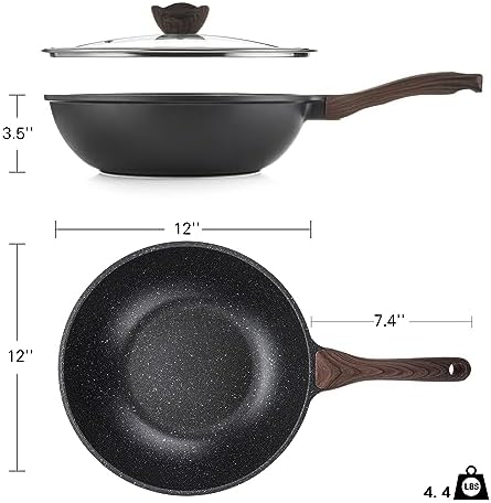 Kordisen Nonstick Wok with Lid, 12 Inch Woks & Stir-fry Pans, Granite Stone Coating for Cooking, Induction Cookware, Compatible with All Stovetops, PFOA Free