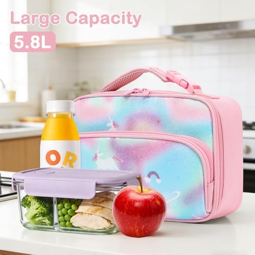 FlowFly Kids Lunch box Insulated Soft Bag Mini Cooler Back to School Thermal Meal Tote Kit for Girls, Boys,Glitter-Unicorn