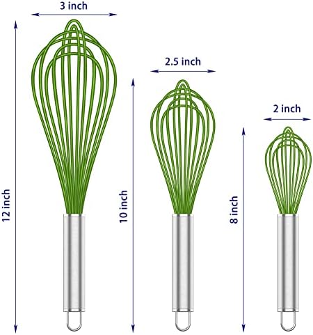 OYV Green Silicone Whisk Set of 3, 8/10/12 Inch, Non-Scratch