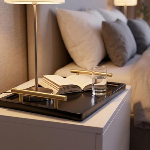 PEKER Wooden Serving Tray with Metal Handles, Black Decorative Coffee Table Tray for Breakfast in Bed, Ottoman & Home Décor, Wooden Food Tray for Kitchen