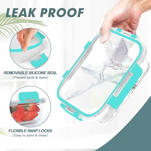 KOMUEE Glass Meal Prep Containers 3 Compartments, 5 Pack 36 oz, Green