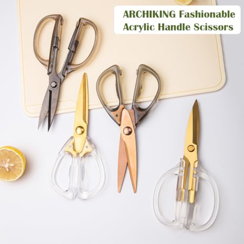Kitchen Shears Scissors, ARCHIKING 7.7inch Gold Titanium Plated Scissor-Meat and Poultry Shears, Dishwasher Safe, Acrylic Handel All Purpose Stainless Steel Utility Scissor - Diamond Clear