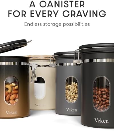Veken Coffee Canister with Window, Airtight Stainless Steel Container,Date Tracker, Kitchen Food Storage Jars for Beans, Ground, Espresso, Rice,Tea,Sugar, Cereal, Gifts, Scoop,Copper, 22OZ (Pack of 2)