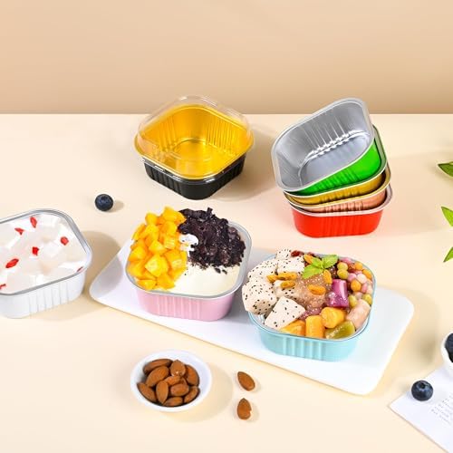40 Pack Mini Cake Pans with Lids, 5oz Square Aluminum Foil Brownie Baking Cups, Muffin Tin Ramekins, Disposable Dessert Cupcake Cups for Wedding Birthday Party, White