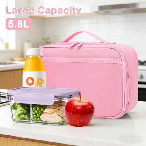 FlowFly Kids Lunch box Insulated Soft Bag Mini Cooler Back to School Thermal Meal Tote Kit for Girls, Boys,Solid Pink