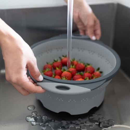 Dexas 8" Collapsible Silicone Colander in Cool Grey, Kitchen Strainer with Handles, 7.2 Cup Capacity | BPA-Free, Heat-Resistant, Space-Saving Kitchen Tool