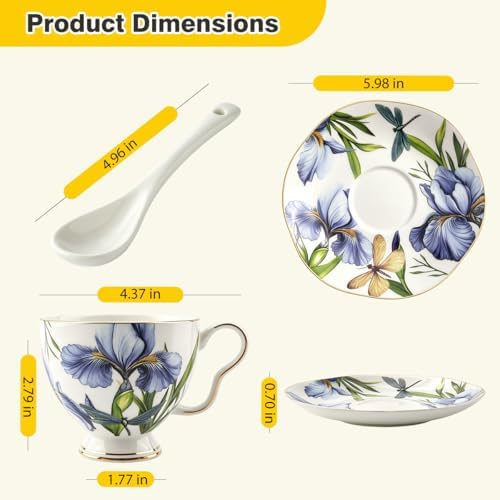 Bone China Tea Cup and Saucer Set with Spoon, 7 oz Blue Iris Gold Trim