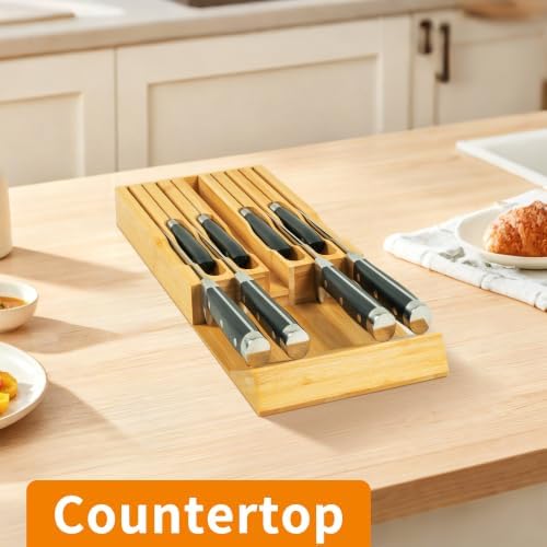 VaeFae Bamboo Knife Drawer Organizer Insert, Kitchen Knife Block, 8 Holder