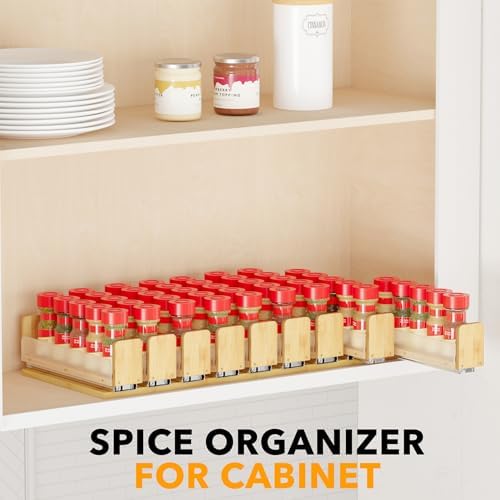 SpaceAid Bamboo Pull Out Spice Rack Organizer for Cabinet, Heavy Duty Slide Out Seasoning Kitchen Pantry Sliding Vertical Organization, 7.6" Wide, 3 Drawers(2" Wide), 1-Tier, Natural