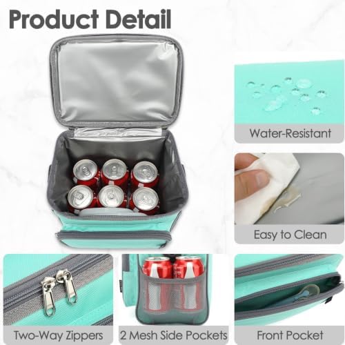 FlowFly Insulated Reusable Lunch Bag Adult Large Lunch Box for Women and Men with Adjustable Shoulder Strap,Front Zipper Pocket and Dual Large Mesh Side Pockets,Jade