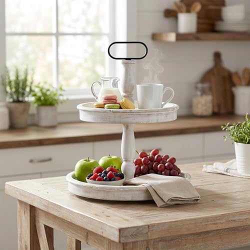 Krismax Decorative Trays - Two Tiered Tray Stand Rustic Tiered Tray Decor 2 Tiered Tray Serving Tray Seasonal & Holiday Decoration Wooden Tray for Coffee Table Farmhouse Display Stand Tray