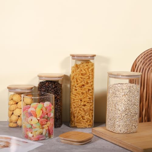 Glass Food Storage Jars 76 oz Set of 3,Glass Storage Containers Clear Glass Food Canister with Bamboo Lid Airtight For Serving Tea, Coffee, Flour, Sugar, Candy, Cookie, Spice and More (Square)