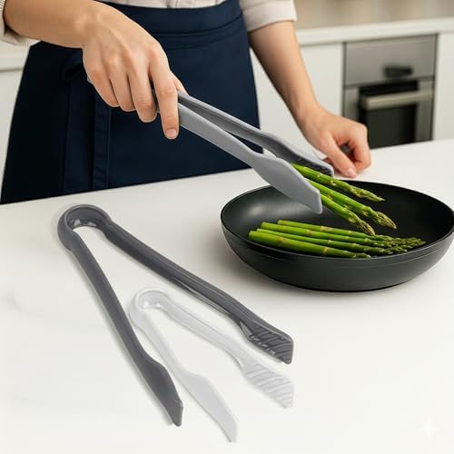 DecorRack 3 Piece Plastic Tong Set, 6-8-10 in Heavy Duty (White, Gray)