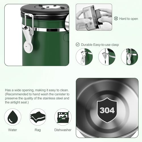 ShanSon Coffee Canister Airtight, Stainless Steel Bean Storage Container with Date Tracker & Scoop, Grounds Sugar Flour Tea Cereal Fits Kitchen Pantry, Ideal Gift for Coffee Lovers,12oz, Dark Green