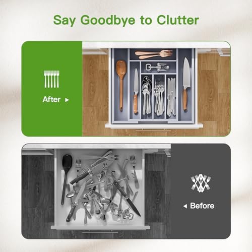 Pipishell Bamboo Expandable Silverware Drawer Organizer, Gray, Medium
