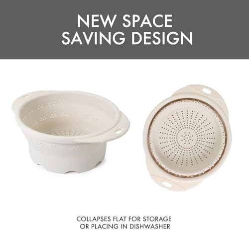 Dexas 10" Collapsible Silicone Colander in Cream, Kitchen Strainer with Handles, 15.1 Cup Capacity | BPA-Free, Heat-Resistant, Space-Saving Kitchen Tool