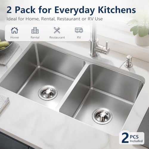2 Pack Kitchen Sink Drain Strainer, 3 in 1 Stainless Steel Pop Up Sink Stopper with Anti-Clogging Basket, Filter Plug Fit US Standard 3-1/2 Inch Drain