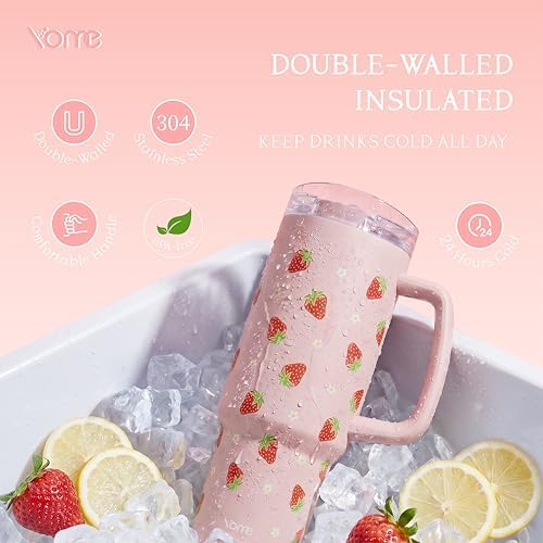 YOME DetaClean 40oz Strawberry Pink Tumbler with Handle and Flip Straw for Women | 100% Disassemblable Lid | Stainless Steel Insulated Water Bottle | 100% Leak Proof | Keeps Drinks Cold
