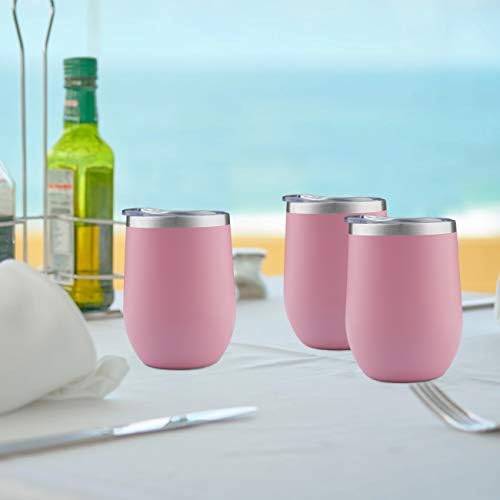MEWAY 12oz/4 Pack Wine Tumbler Glasses with Lid - Stemless Double Wall Vacuum Stainless Steel Travel Tumbler - Keeping Cold & Hot for Wine,Coffee,Cocktails,Drinks-Family and Gifts (Pink,Set of 4)