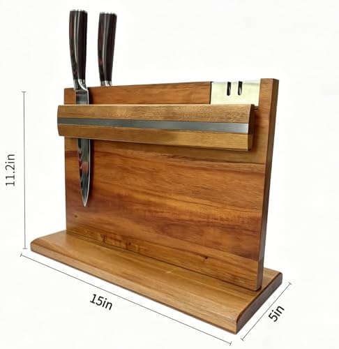 Solid Acacia Wood Magnetic Knife Holder with Stainless Steel Sharpener, Double-Sided Knife Display Stand for Stylish Kitchens, Cooking Enthusiasts and Gifts