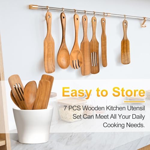 Spurtles Kitchen Tools Wooden, 7Pcs Wooden Spoons for Cooking, Natural Premium Spatula Set, Heat Resistant Cooking Utensil for Nonstick Cookware, Spurtle for Sourdough Starter