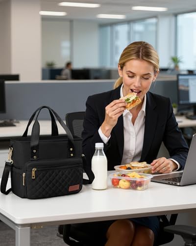HOTOR Lunch Box Women Insulated Tote Bag Multiple Pockets Black