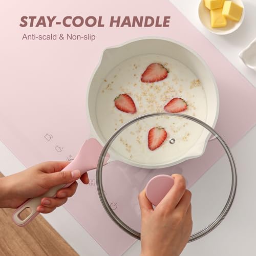 SENSARTE Ceramic Nonstick Saucepan with Double Pouring Spout, 3QT, Pink
