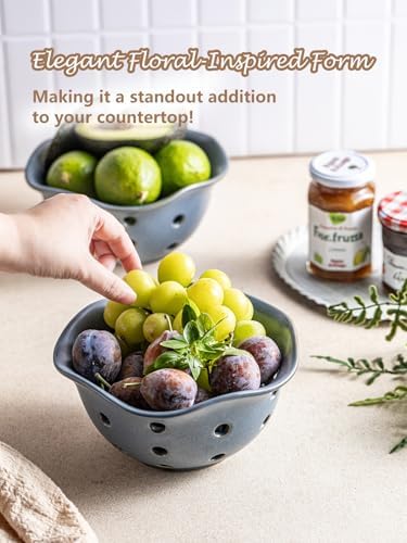 Gomakren Fruit Basket Set of 2, Berry Bowls with Holes Ceramic, Slate Blue