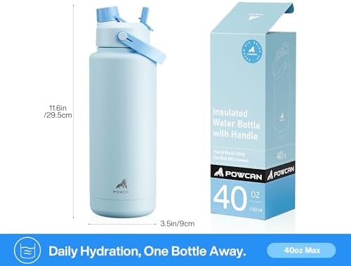 POWCAN 40 oz Insulated Water Bottle with 2-in-1 Straw and Spout Lid, Keep Cold 24H, Leak-Proof, BPA-Free, Double Wall Stainless Steel Water Bottle for Sports, Gym, Travel, School (Blue Linen Meadow)