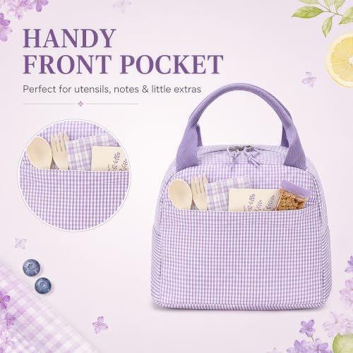 Bluboon Lunch Box for Women Cute Lunch Bag Reusable Insulated Lunch Bags Large Capacity Lunchbox Cooler for Work Picnic or Travel Gifts (Purple White checker, 10 x 7.5 x 8 inches)