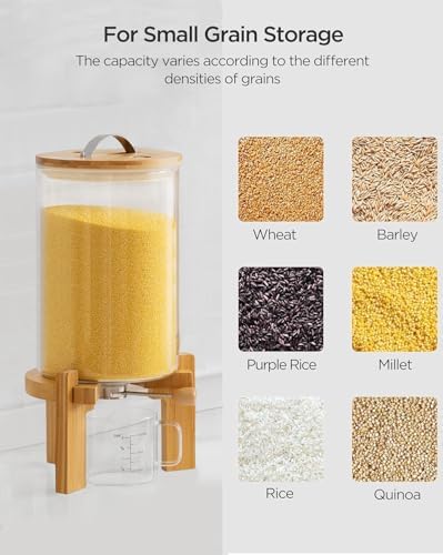 HBlife Glass Rice Dispenser with Wooden Stand Flour and Cereal Container with Glass Measuring Cup Pantry Food Organization Storage Bin with Airtight Bamboo Lid, 3L+5L