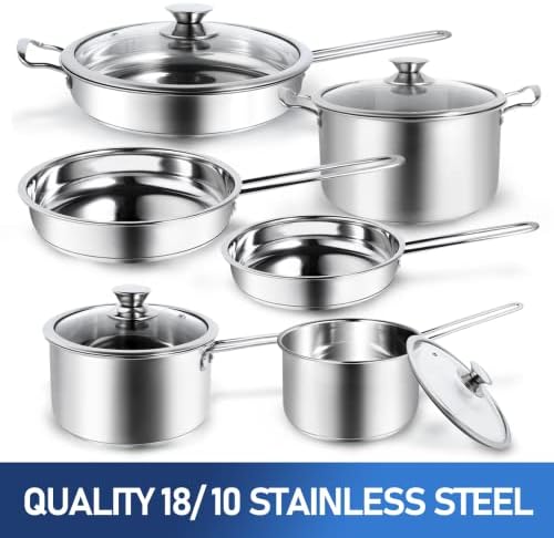 Aufranc 10-Piece Pots and Pans Set, Stainless Steel Cookware Set- Includes Ergonomic Handle Saucepans, Skillets, Dutch Oven, Stockpot, Steamer & More - Premium Pots and Pans for Home Chefs