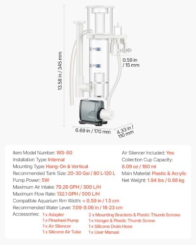 VEVOR Protein Skimmer for 20-30 Gal Saltwater Aquarium Hang On with DC Pump, Protein Skimmer with DC Pinwheel Pump, Adjustable Control, for 20-30 Gallon Small Saltwater Aquariums & Reef Tank Fish Tank