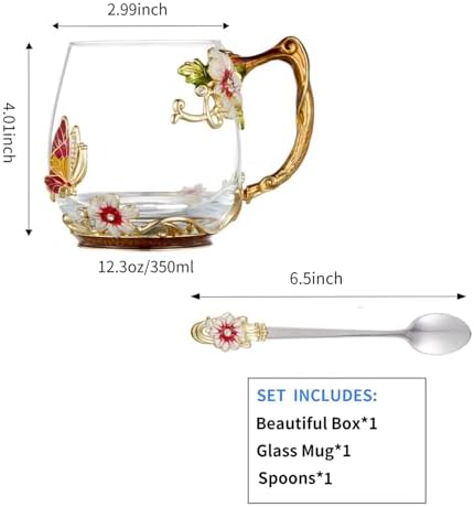 Flower Tea Cup,Clear Glass Fancy Coffee Mug with Spoon,Gift Box for Her Mom Wife Grandma Girls Friends Valentines Christmas Birthday Present Idea for Juice Milk Hot And Cold Drinks Use
