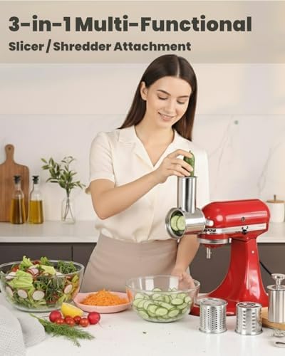 RAFBAR Slicer Shredder Attachment for KitchenAid Stand Mixer | 75mm Wider Blade Cheese Grater Attachment for KitchenAid, 60mm Large Feed Chute, 3 Drum Blades, Salad Maker, Dishwasher Safe