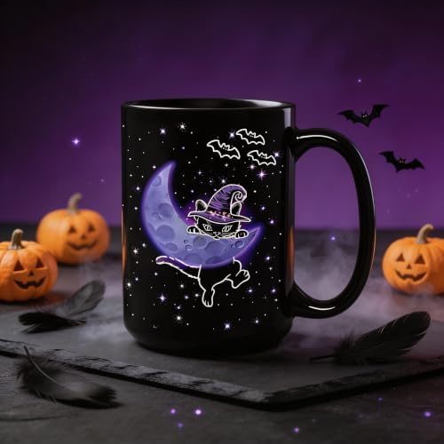 Halloween Witchy Cat Coffee Mug for Cat Lovers, 15oz Black Ceramic Tea Cup