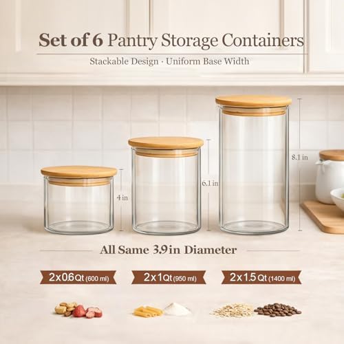 ComSaf Glass Storage Containers with Lids, Set of 6 Jars (0.6Qt/1Qt/1.5Qt)