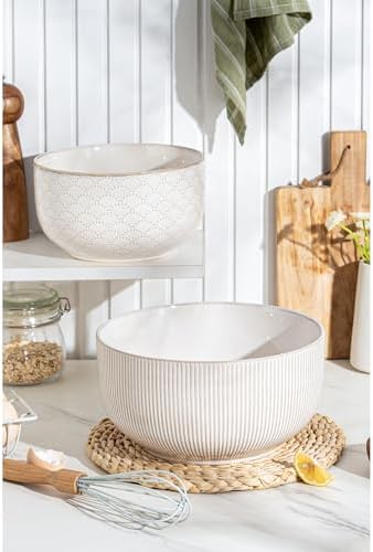 Mikiegy Ceramic Mixing Bowls Set of 2, Nesting Ceramic Embossment Stoneware Mixing Bowls for Cooking, Serving, Popcorn, Salad etc, Microwave & Dishwasher Safe, 98/145 oz, Off-White