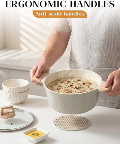 FDN Titanium Ceramic Cooking Pot with Lid, Pfos & Pfoa Free Nonstick Stock Pot, Large Soup Pot, Big Pots for Cooking, Multipurpose Cookware, Ollas Antiadherentes Para Cocinar, Cacerolas, Grey