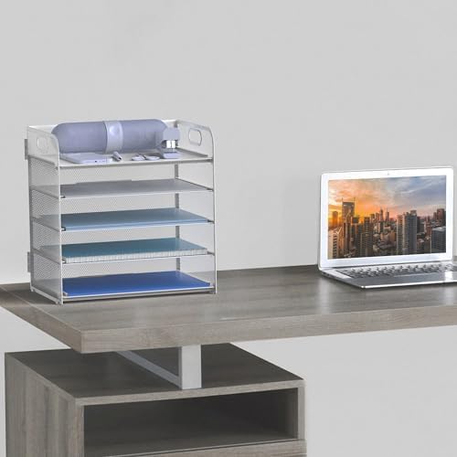 Letter Tray Paper Organizer 5-Tier Desk Organizer File Organizer Paper Holder with Handle, Metal Desktop Document Shelf Tray Office Classroom Organization - Silver