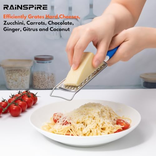 Rainspire Professional Cheese Graters for Kitchen Stainless Steel Handheld, Metal Lemon Zester Grater With Handle For Cheese, Chocolate, Spices, Kitchen Gadgets And Tools, Soft Grip Handle, Dark Blue