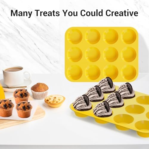 Redfly 2 Pack Silicone Muffin Pans for Baking & Cupcake Pan - 12 Cup Regular Size Silicone Molds, BPA Free Egg Bites Mold,Yellow