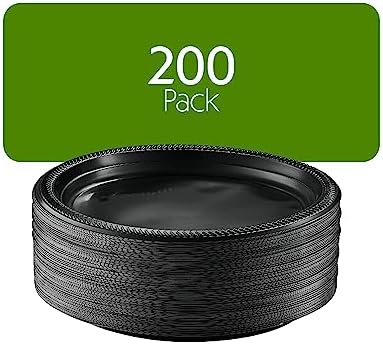 PLASTICPRO 200 PCS Black Plastic Plates Light Weight 10'' Inch Plastic Dinner Plates Black Plates Disposable for Party and Wedding