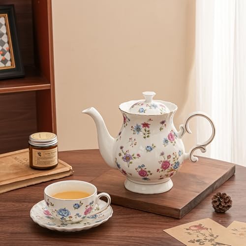 white ceramic floral teapot,35.5oz for tea party,vintage teapot for tea, floral tea (Multicolor Floral, 35.5oz)