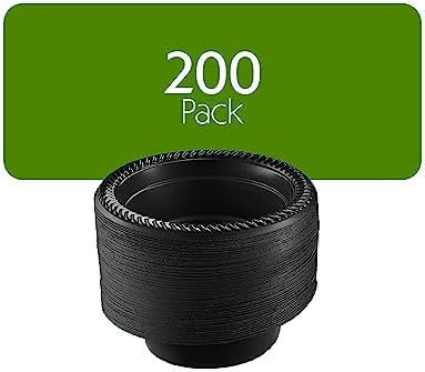 PLASTICPRO 200 PCS Black Plastic Bowls Light Weight 5 oz Small Plastic Soup Bowls Black Salad Dessert Plates Disposable for Party and Wedding